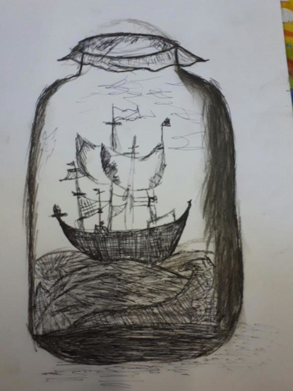 Black and white drawing of a ship in a bottle