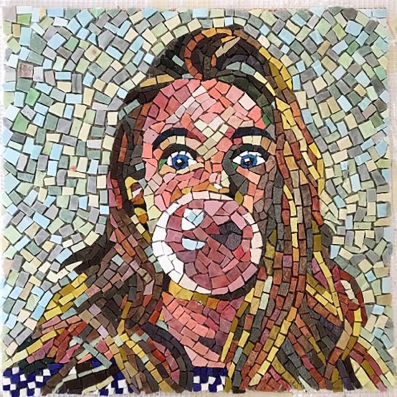 Mosaic of a woman blowing bubblegum