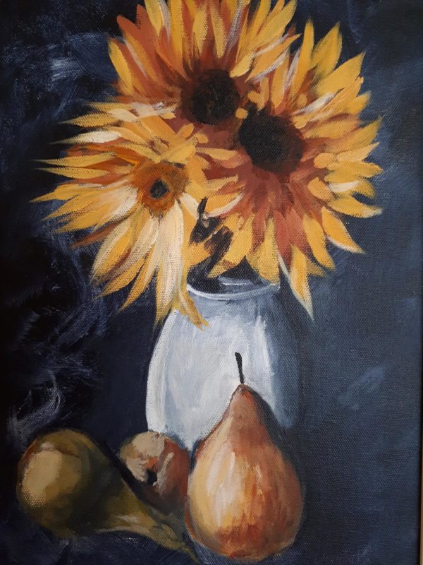 Painting of sunflowers and pears