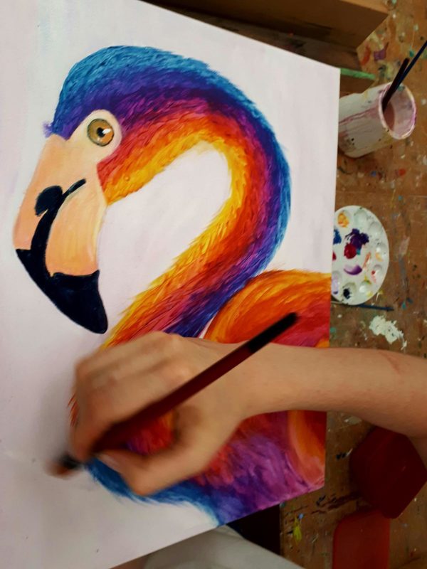 Painting of a rainbow flamingo